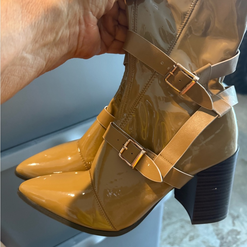 Patent Leather Ankle Boots in Mustard Yellow with Tan Straps